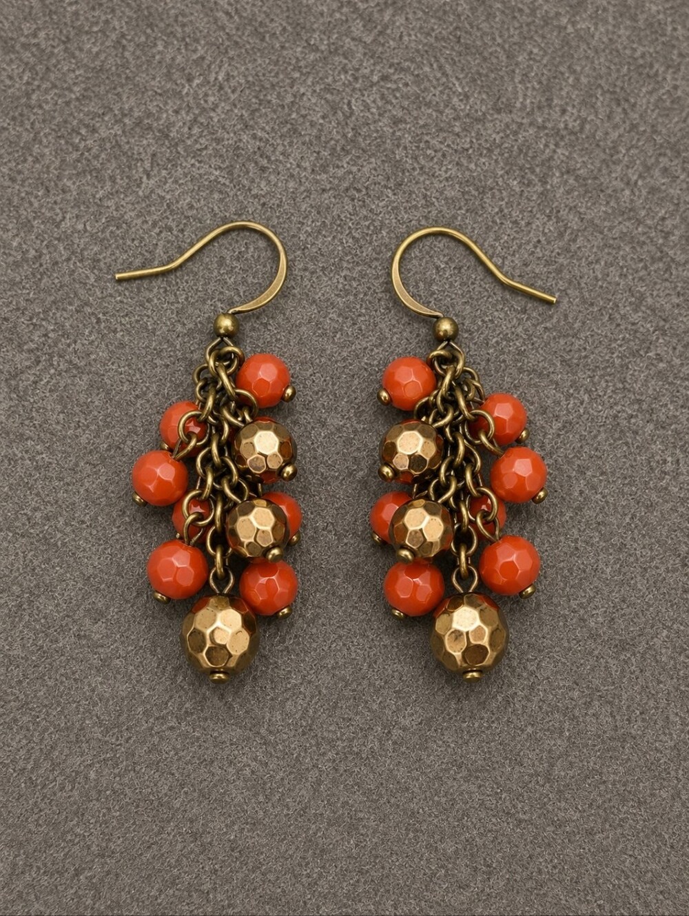 3/$30 VTG Gunmetal Orange Beaded Cluster Dangle Hook Earrings